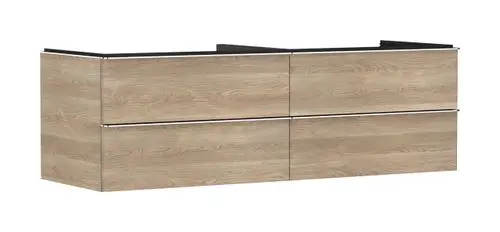 Waschtischunterschrank in Holzoptik, ausgestattet mit vier Schubkästen. Oberfläche in Eiche Natur, passend für Aufsatzwaschtische. Hansgrohe-Design.